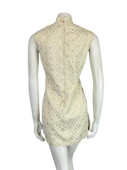 VTG 60S MOD GOLD CREAM FUNNEL NECK DIAMOND GEOMETRIC TUNIC PARTY DRESS M 12 14