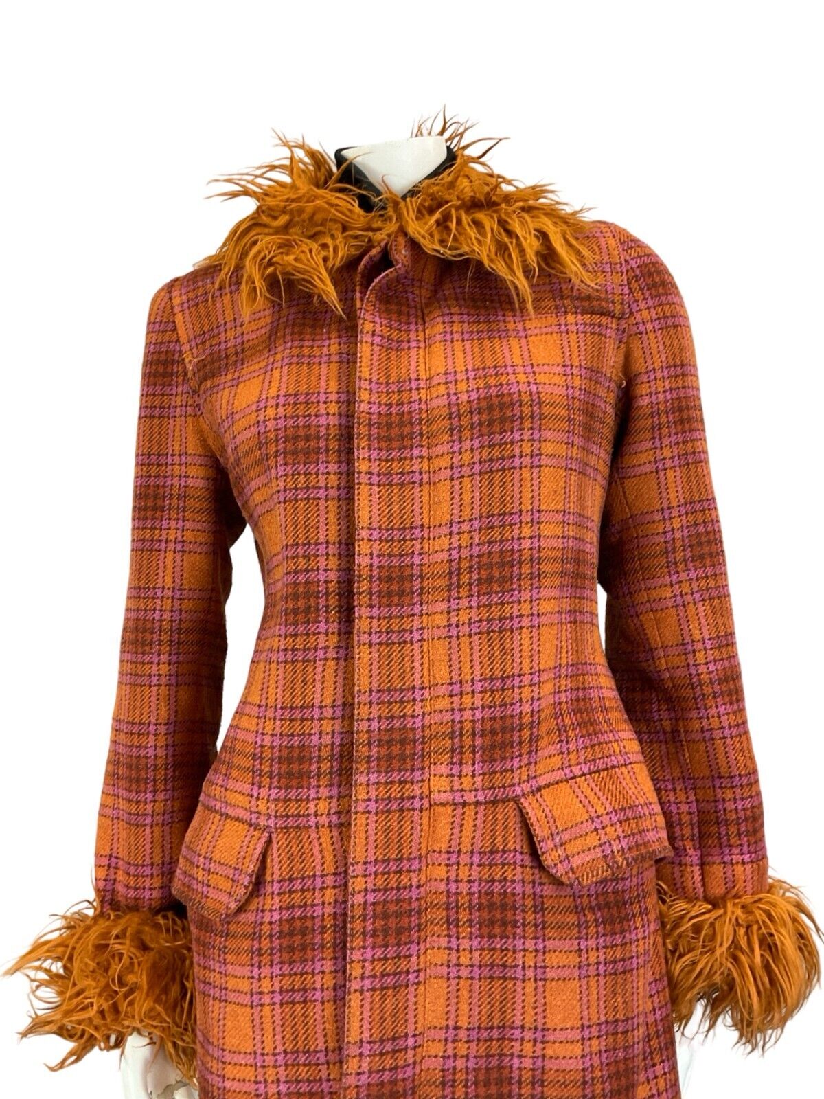 VTG 60S MOD PINK ORANGE FAUX FUR CHECKED TARTAN COAT SIZE 10 12