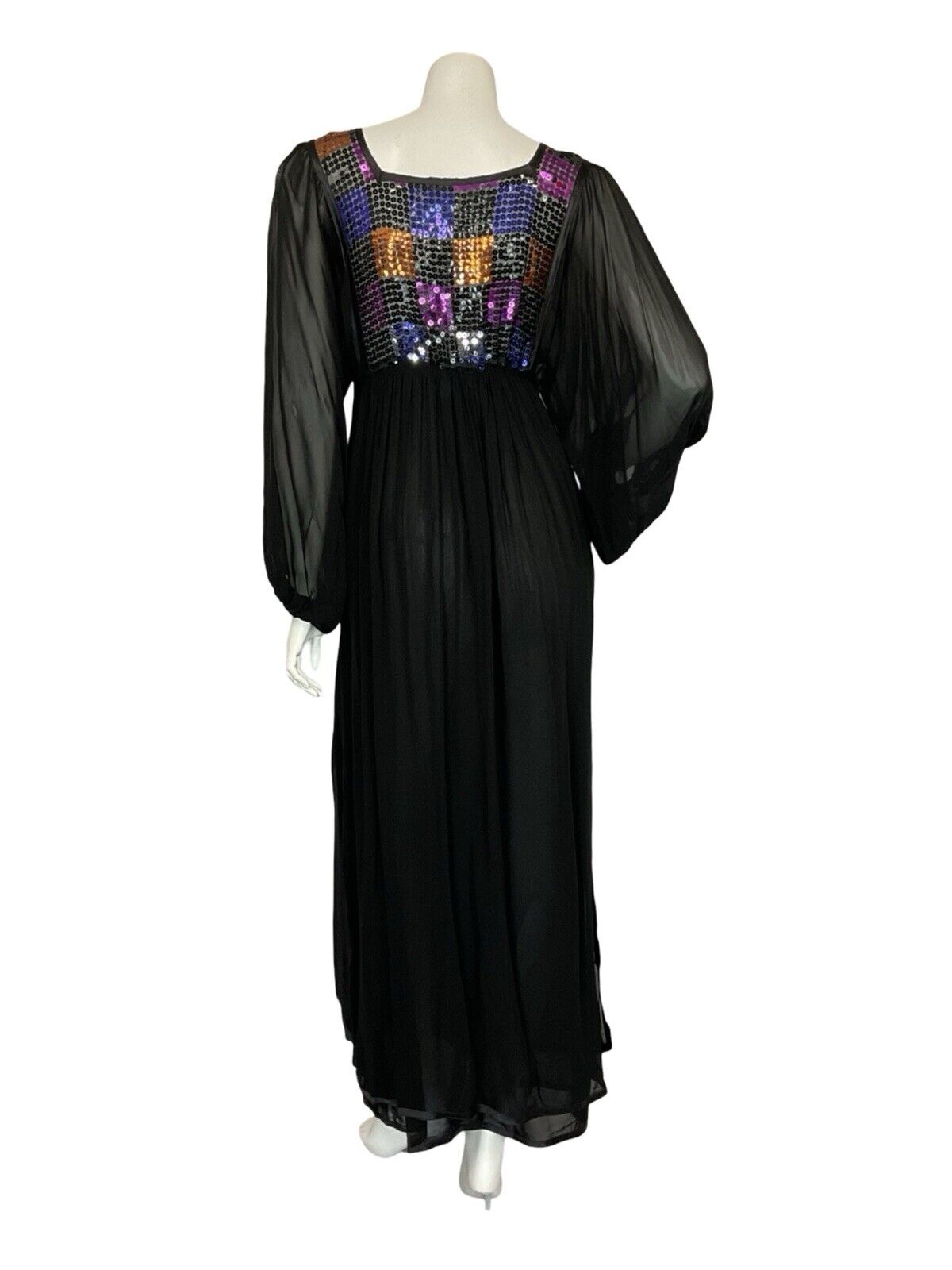 VTG 70S DISCO MESH BLACK PURPLE ORANGE SEQUIN BATWING FLOATY PARTY DRESS 6 8