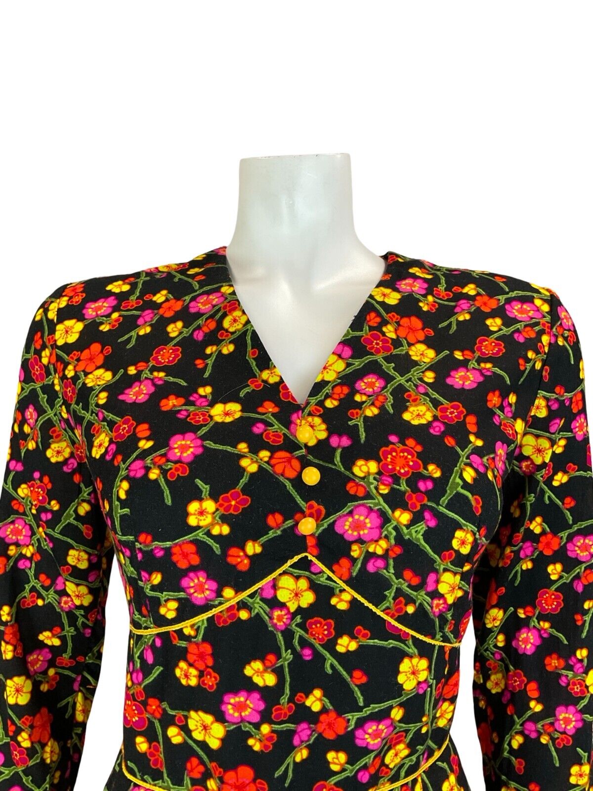 VTG 70S PSYCHDELIC CHERRY BLOSSOM BLACK YELLOW PIINK V NECK LONG SLEEVE DRESS 10