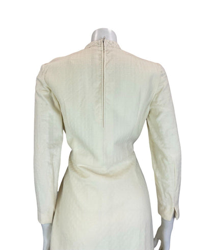 VTG 60S MOD BRIDAL BEADED MANDARIN COLLAR 3/4 SLEEVE MINI DRESS CREAM WHITE 12