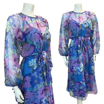 VTG 70S FLOATY SHEER CHIFFON FLORAL MIDI DRESS BLUE PURPLE WHITE 10 12