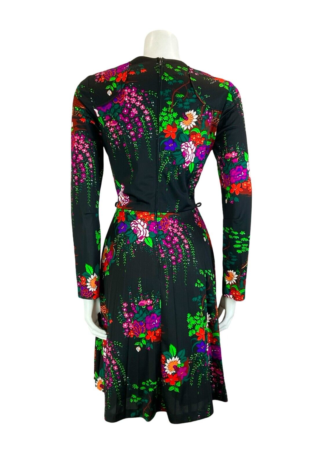 VTG 70S BETTY BARCLAY FLORAL COTTAGE BLACK PINK GREEN SWEETHEART MIDI DRESS S