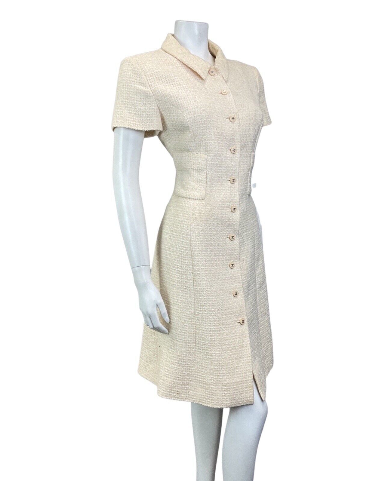 VINTAGE 90s YELLOW WHITE BOUCLE WOOL CHANEL BOUTIQUE SHIRT DESIGNER DRESS 10 12