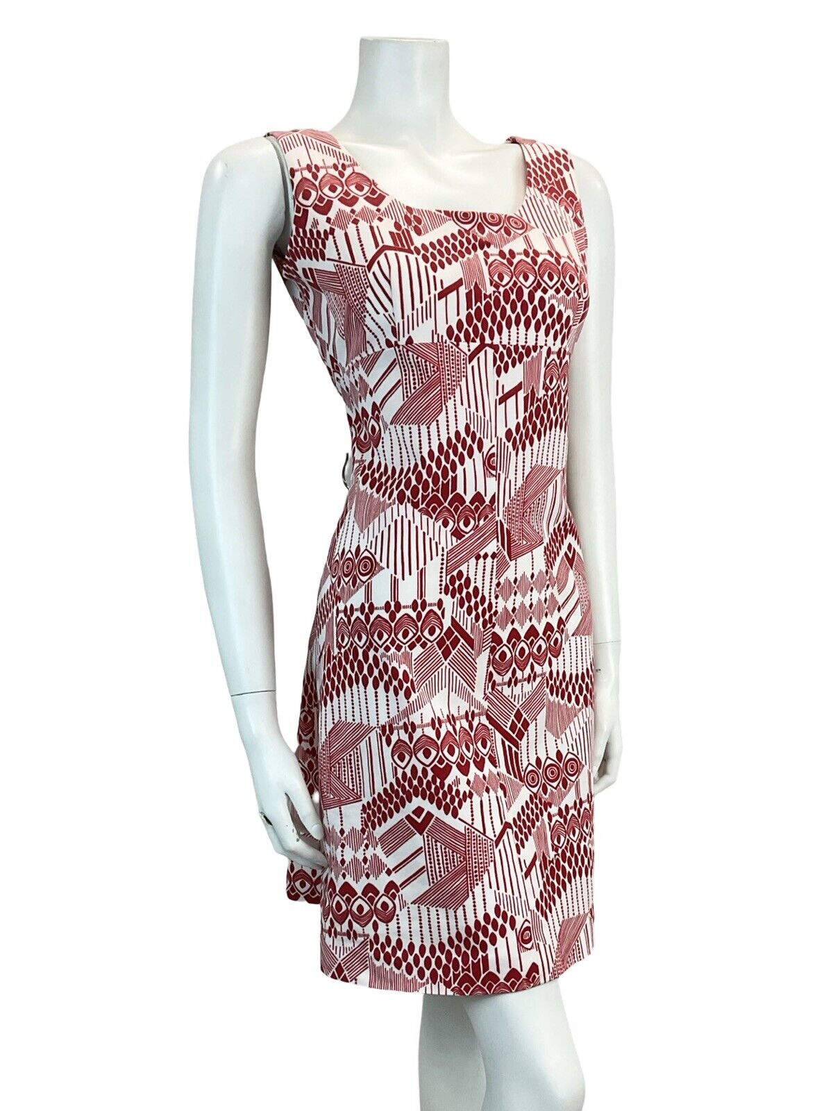 VTG 60S 70S ABSTRACT MOD GOGO SCOOTER RED WHITE MAROON MINI SHIFT DRESS 8 10 12