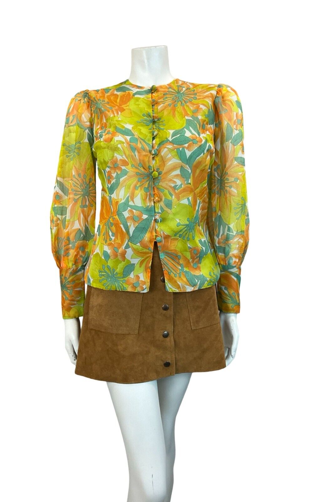 VTG 60S 70S GREEN ORANGE PSYCHDELIC FLORAL BISHOP SLEEVE BLOUSE SIZE 10 12