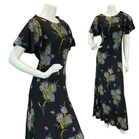 VTG 60s 70s BLACK MULTICOLOUR FLORAL BUTTERFLY SLEEVE MAXI DRESS 8