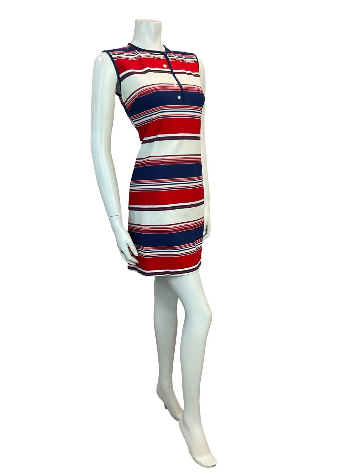 VTG 60S MOD STRIPED RED BLUE SCOOTER GOGO SLEEVELESS MINI DRESS SIZE 12