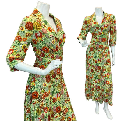 VTG 60s 70s BRIGHT MULTICOLOUR FLORAL WRAP MIDAXI DRESS 10 12