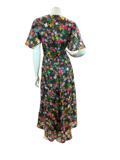 VTG 70S FLORAL DAISY BLACK PINK YELLOW BLUE FLUTTER SLEEVE BELTED MAXI DRESS 12