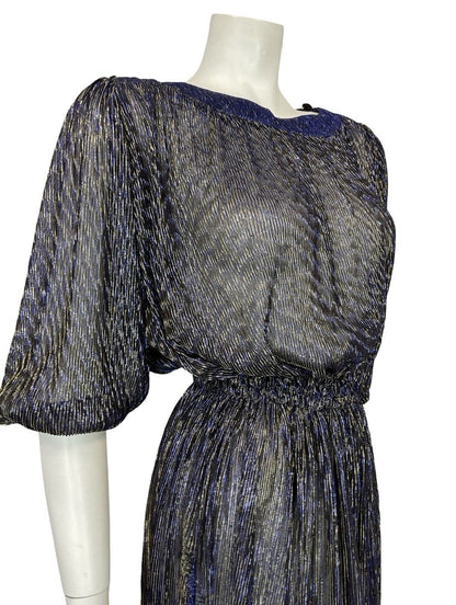 VTG 70S STUDIO 54 DISCO STRIPED NAVY BLUE GOLD LUREX MESH MIDI DRESS 12 10 14