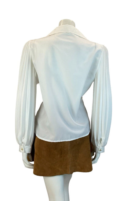 VTG WHITE PLEATED SLEEVE WINGED JOHNNY COLLAR BLOUSE TOP SIZE 14 16