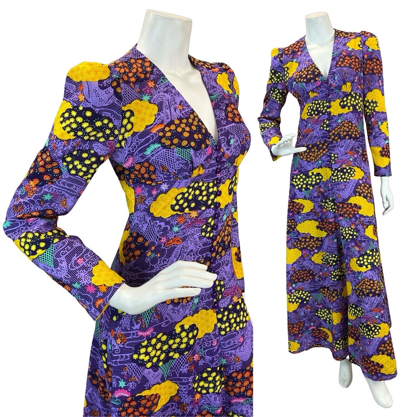 VTG 70S PSYCHEDELIC PURPLE YELLOW BLACK HIPPY GLAM FESTIVAL MAXI DRESS 8 10