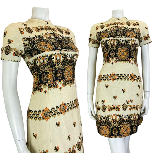 VTG 60S PAISLEY HIPPY MOD CREAM BLACK ORANGE WOOL SHORT SLEEVE SHIFT DRESS SIZE6