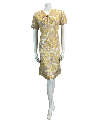 VTG 60S MOD SCOOTER SECRETARY PAISLEY MINI SHIFT DRESS PINK YELLOW WHITE 14 16