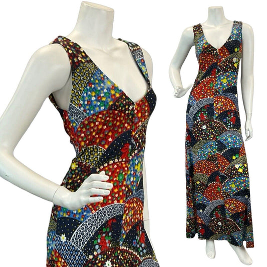 VTG 70s SLEEVELESS VNECK PLUNGE MULTICOLOUR FLORAL MEADOWS MAXI DRESS 8 10 12 14