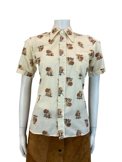 VTG CREAM BROWN WOODLAND MUSHROOM SHORT SLEEVE DAGGER COLLAR SHIRT 10