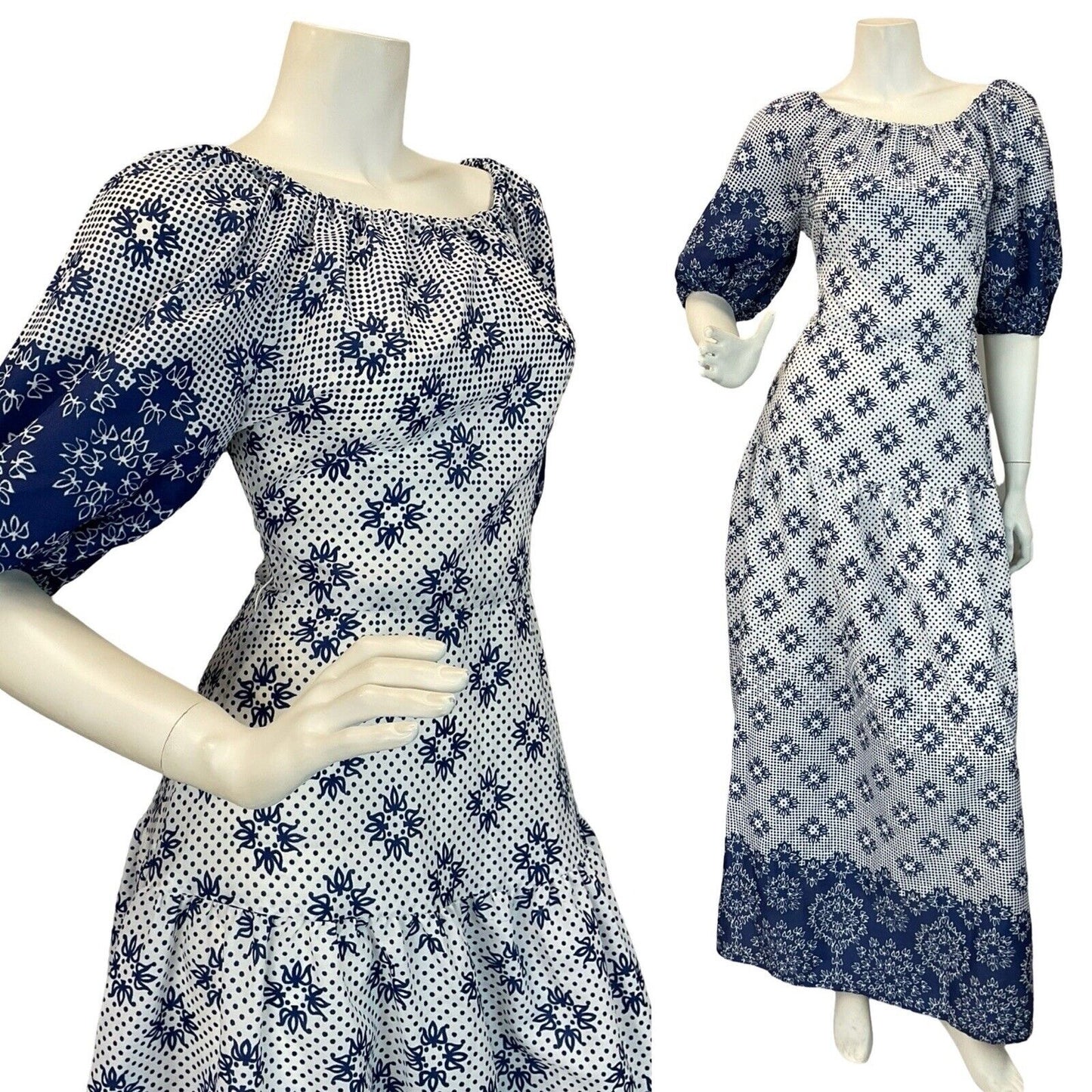 VTG 70S BLUE WHITE FLORAL PRINT SUMMER FOLK MAXI DRESS 6 8