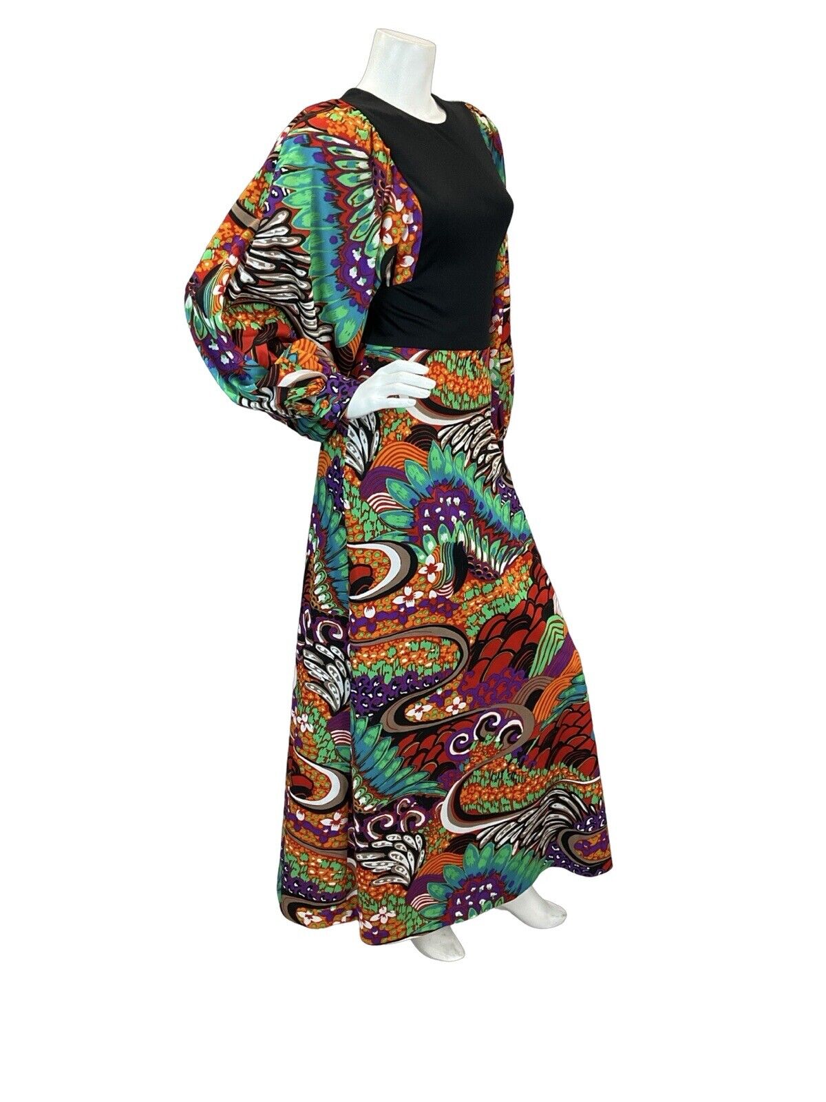 VTG 70S MULTICOLOUR TRIPPY PSYCHEDELIC PATTERN BISHOP SLEEVE MAXI DRESS 8 10