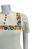 VTG 60S 70S CREAM EMBROIDERED FLORAL MINI DRESS MOD SCOOTER 8 10