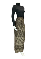 VTG 60S 70S ART DECO GEOMETRIC BROWN GOLD ZIG ZAG MAXI SKIRT 8