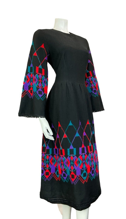 VTG 70S EMBROIDERED WOOL FLARE SLEEVE BLACK PURPLE TEAL RED MIDI DRESS 8 10 S