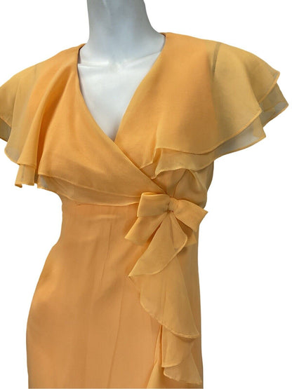 VTG 70S APRICOT CHIFFON ORANGE RUFFLE PROM PARTY CAPE MAXI DRESS 6 8