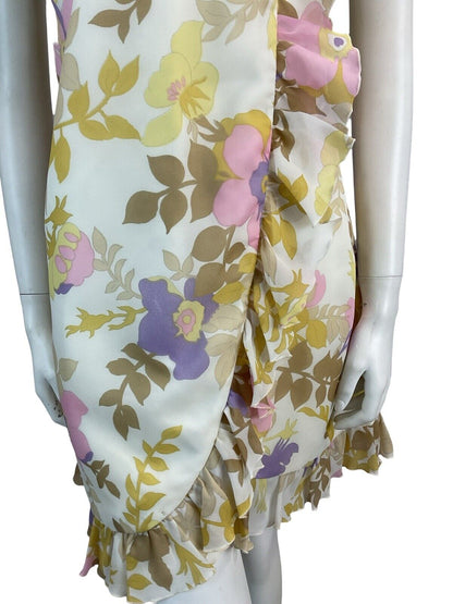 VTG 60S EMPIRE FAUX FLORAL WRAP MINI DRESS 10 12