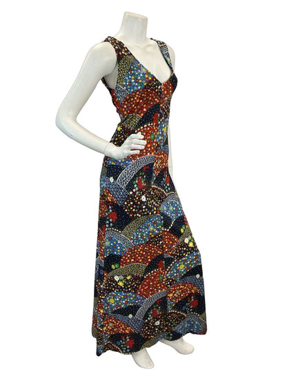 VTG 70s SLEEVELESS VNECK PLUNGE MULTICOLOUR FLORAL MEADOWS MAXI DRESS 8 10 12 14