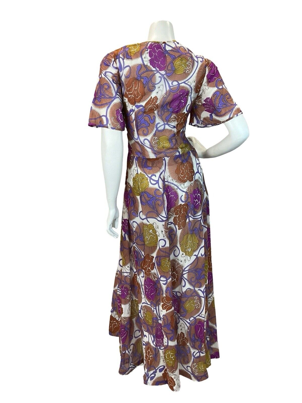 VTG 60s 70s  TRIPPY FLORAL PATTERN MULTICOLOUR BUTTERFLY SLEEVE MAXI DRESS 12