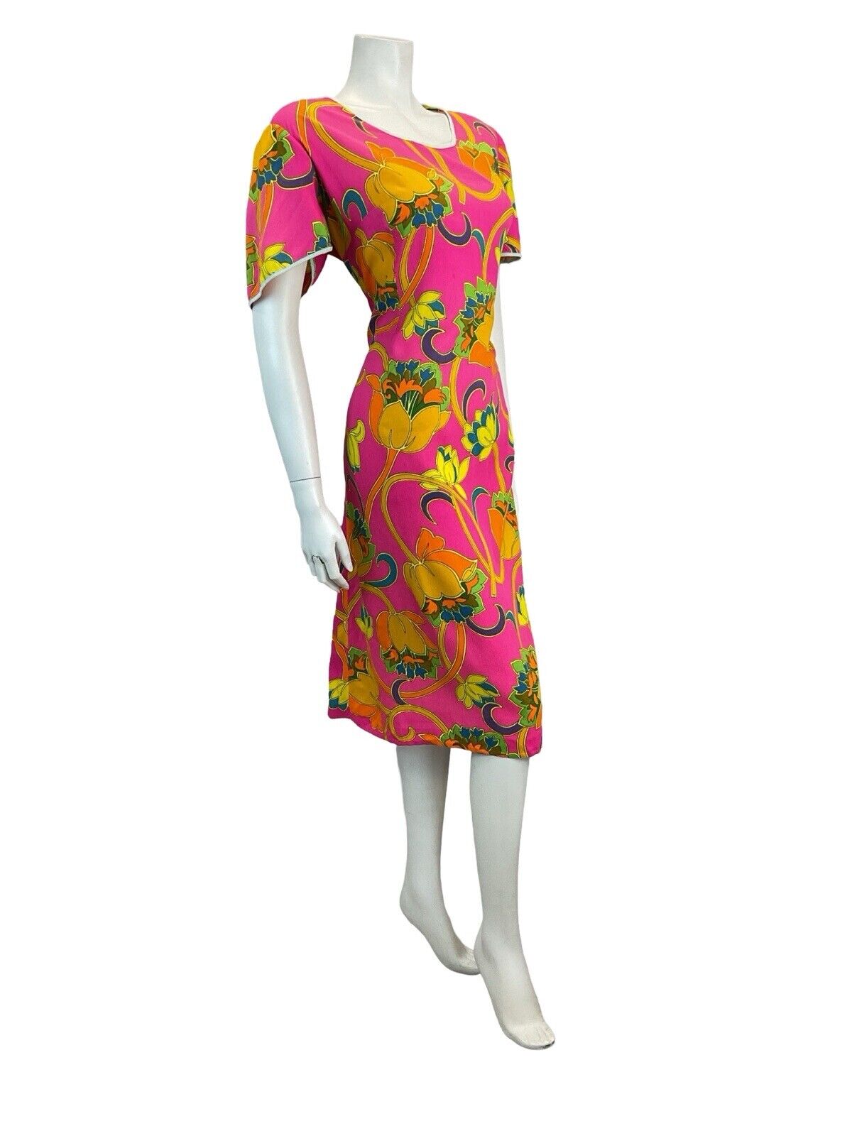 VTG 60S 70S VIVID PSYCHEDELIC FLORAL SHIFT MIDI DRESS 12 14 16 18 20