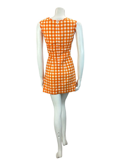 VTG 60S 70S MOD SCOOTER GOGO SUMMER SUN GINGHAM MINI DRESS ORANGE 10 12