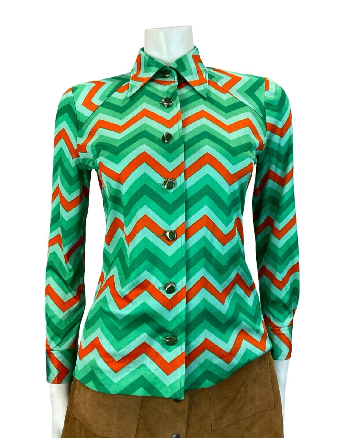 VTG 60S 70S GREEN RED ZIG ZAG GEOMETRIC WING COLLAR SHIRT SIZE 10