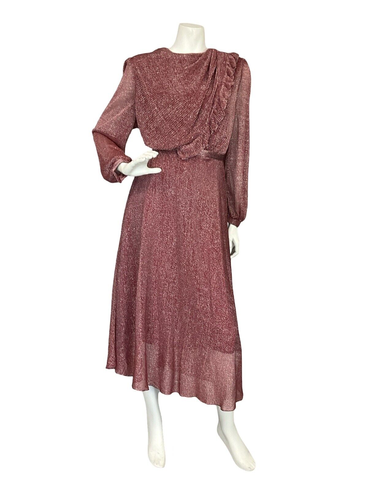 VTG 70S BURGUNDY LUREX LONG SLEEVE BLOUSON TIE WAIST PARTY DRESS 10 12