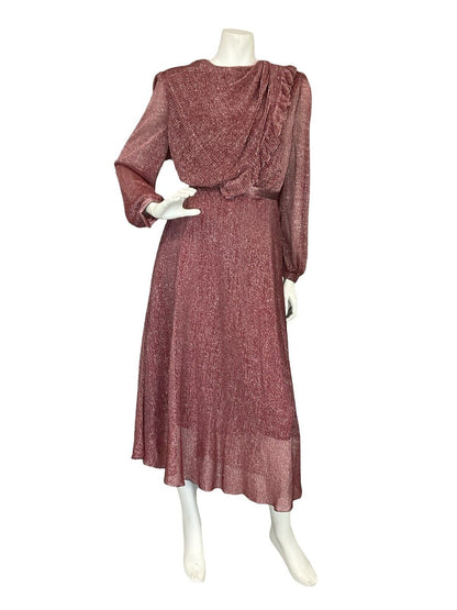 VTG 70S BURGUNDY LUREX LONG SLEEVE BLOUSON TIE WAIST PARTY DRESS 10 12