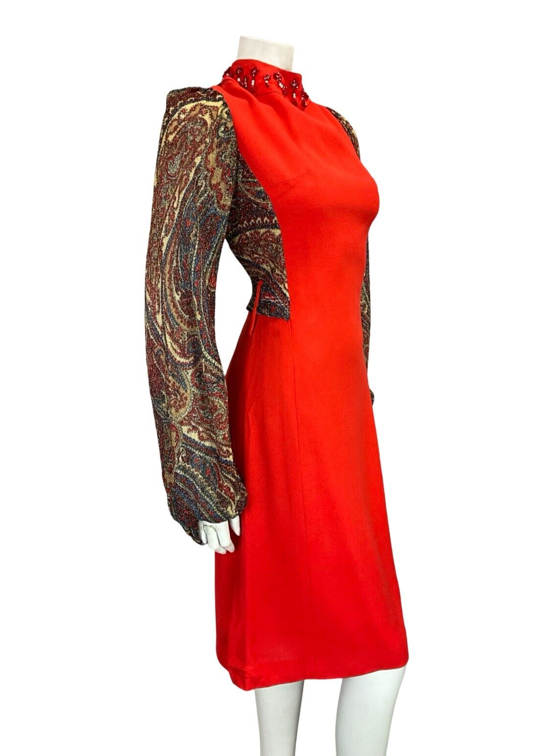 VTG 60S 70S RED CREAM BEADED PSYCHEDELIC PAISLEY LUREX LONG SLEEVE DRESS 4