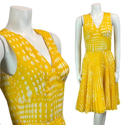 VINTAGE 60s 70s YELLOW WHITE POLKA DOT FLOATY PLEATED MIDI DRESS 10