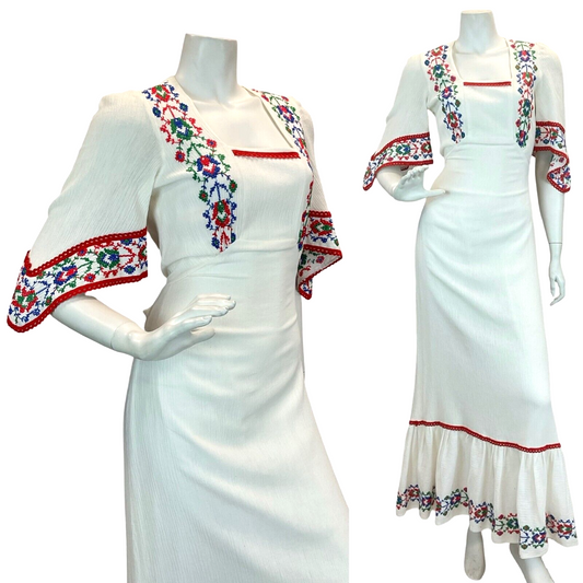 VTG 70S COTTAGECORE EMBROIDERED FLORAL FESTIVAL RED WHITE BLUE MAXI DRESS 8 10