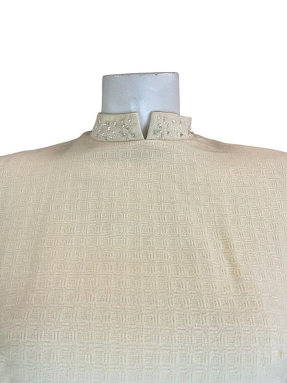 VTG 60S MOD BRIDAL BEADED MANDARIN COLLAR 3/4 SLEEVE MINI DRESS CREAM WHITE 12