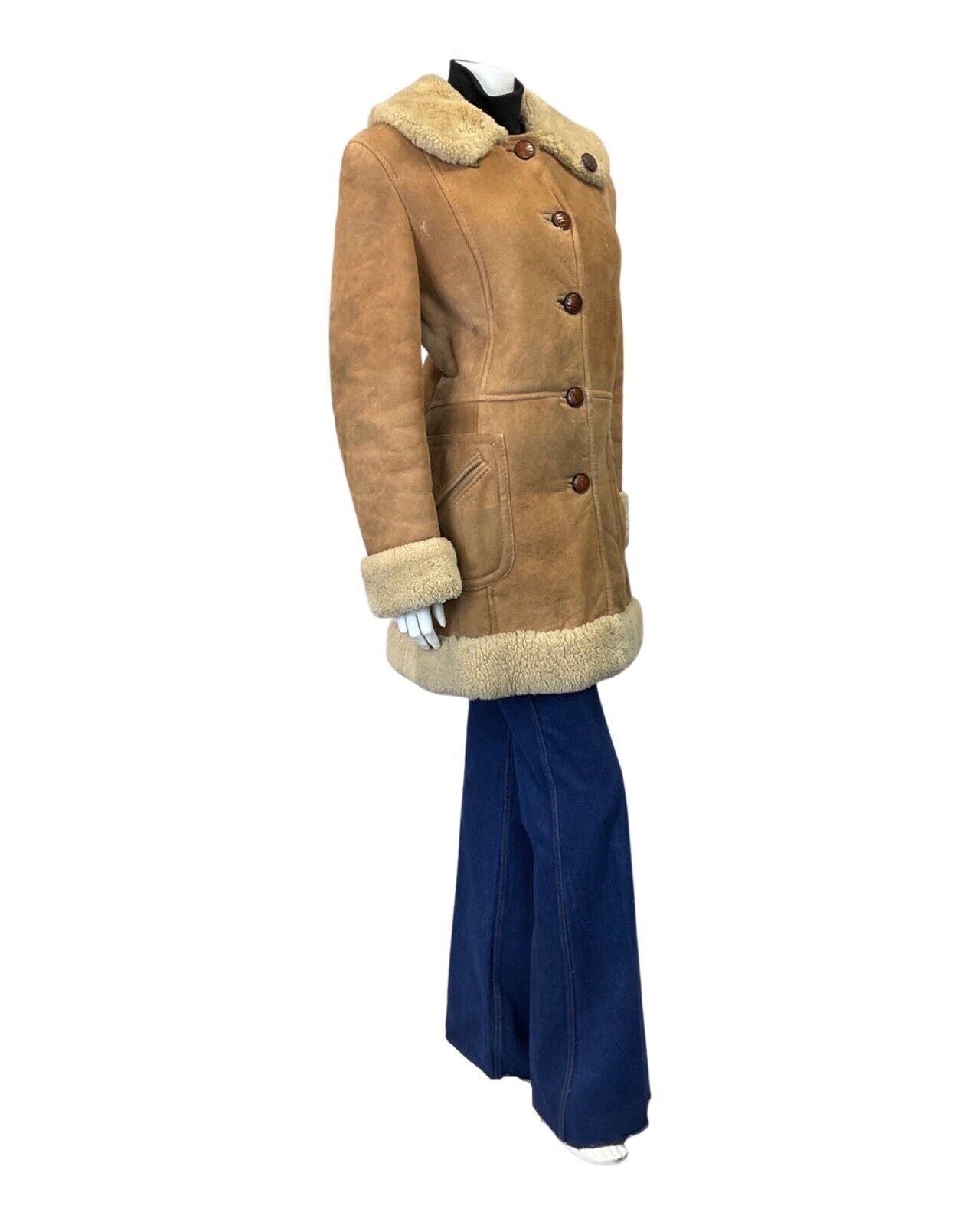 VINTAGE 60s 70s SAND BROWN CREAM SUEDE LEATHER BOHO MOD SHEARLING COAT 14 16