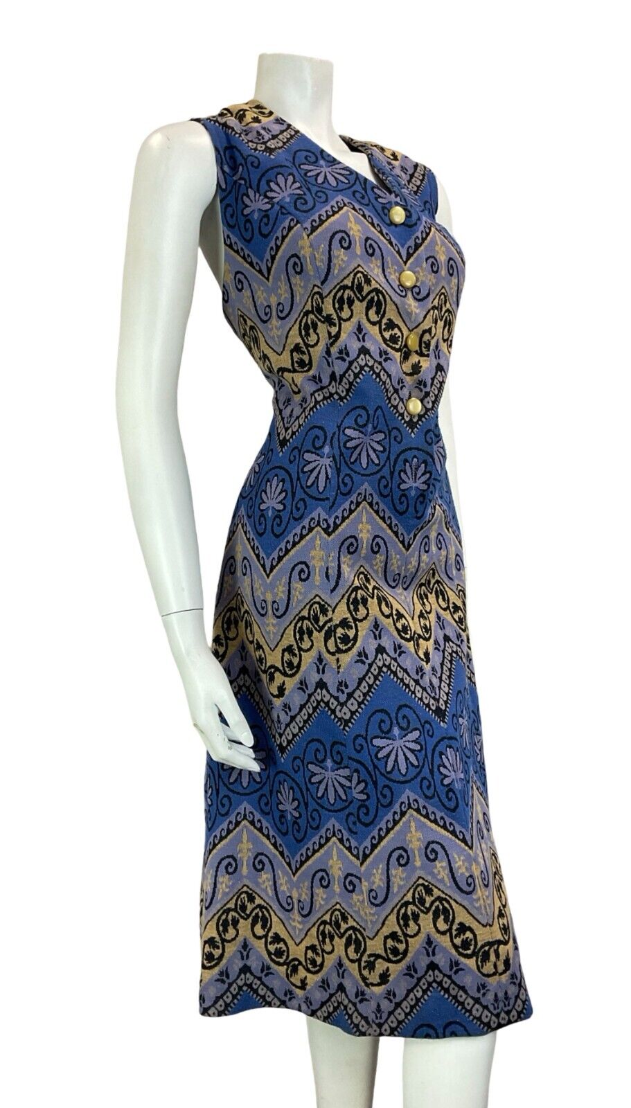 VTG 60S BLUE YELLOW BLACK SLEEVELESS BUTTON UP ZIG ZAG MIDI DRESS 16 18 L