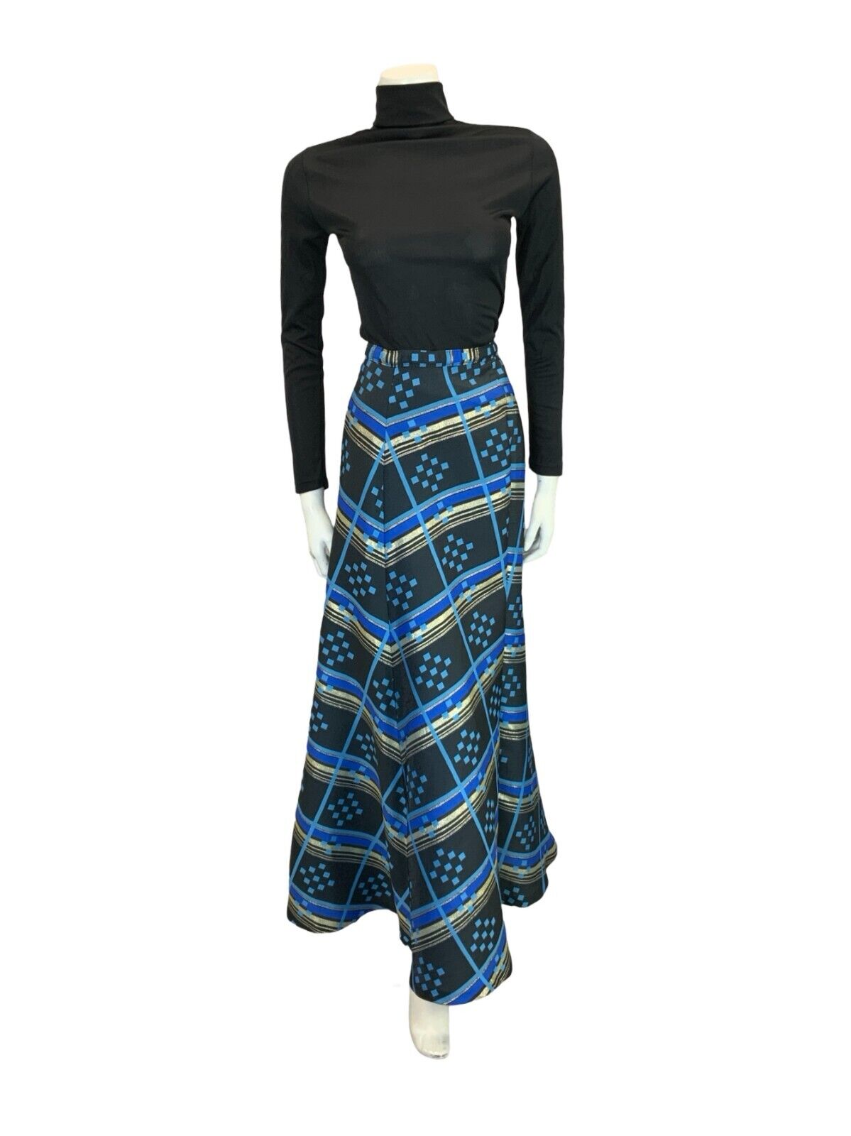 VTG 60S 70S BLACK BLUE GOLD GEOMETRIC CHECKED STRIPE A LINE MAXI SKIRT 6