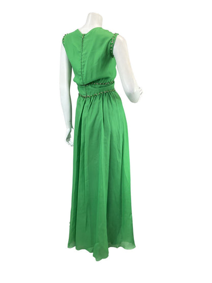 VINTAGE 60s 70s APPLE GREEN BEADED SEQUIN SLEEVELESS GOWN MAXI DRESS 12 14