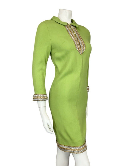 VTG 60S LIME GREEN GOLD SILVER LONG SLEEVE HIPPY BOHO PARTY TUNIC MIDI DRESS 4 6