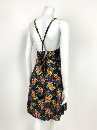 VTG 60s 70s BLACK BLUE ORANGE GREEN FLORAL HAWAIIAN SUMMER HALTER DRESS 10