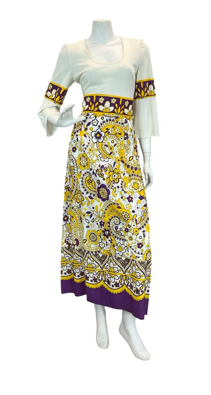 VTG 70S PURPLE YELLOW WHITE HIPPY FESTIVAL PAISLEY FLORAL MAXI DRESS 8 10