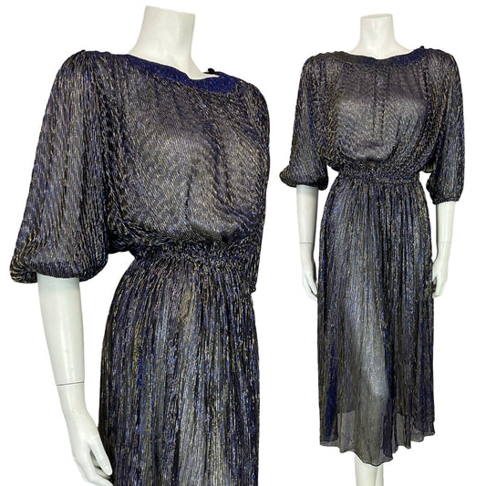 VTG 70S STUDIO 54 DISCO STRIPED NAVY BLUE GOLD LUREX MESH MIDI DRESS 12 10 14