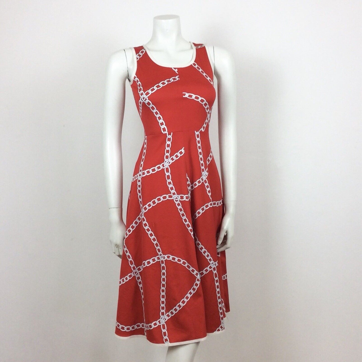 60S 70s VINTAGE RED WHITE CHAIN PATTERN FLOATY DRESS 4 6