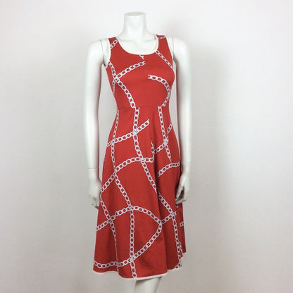 60S 70s VINTAGE RED WHITE CHAIN PATTERN FLOATY DRESS 4 6