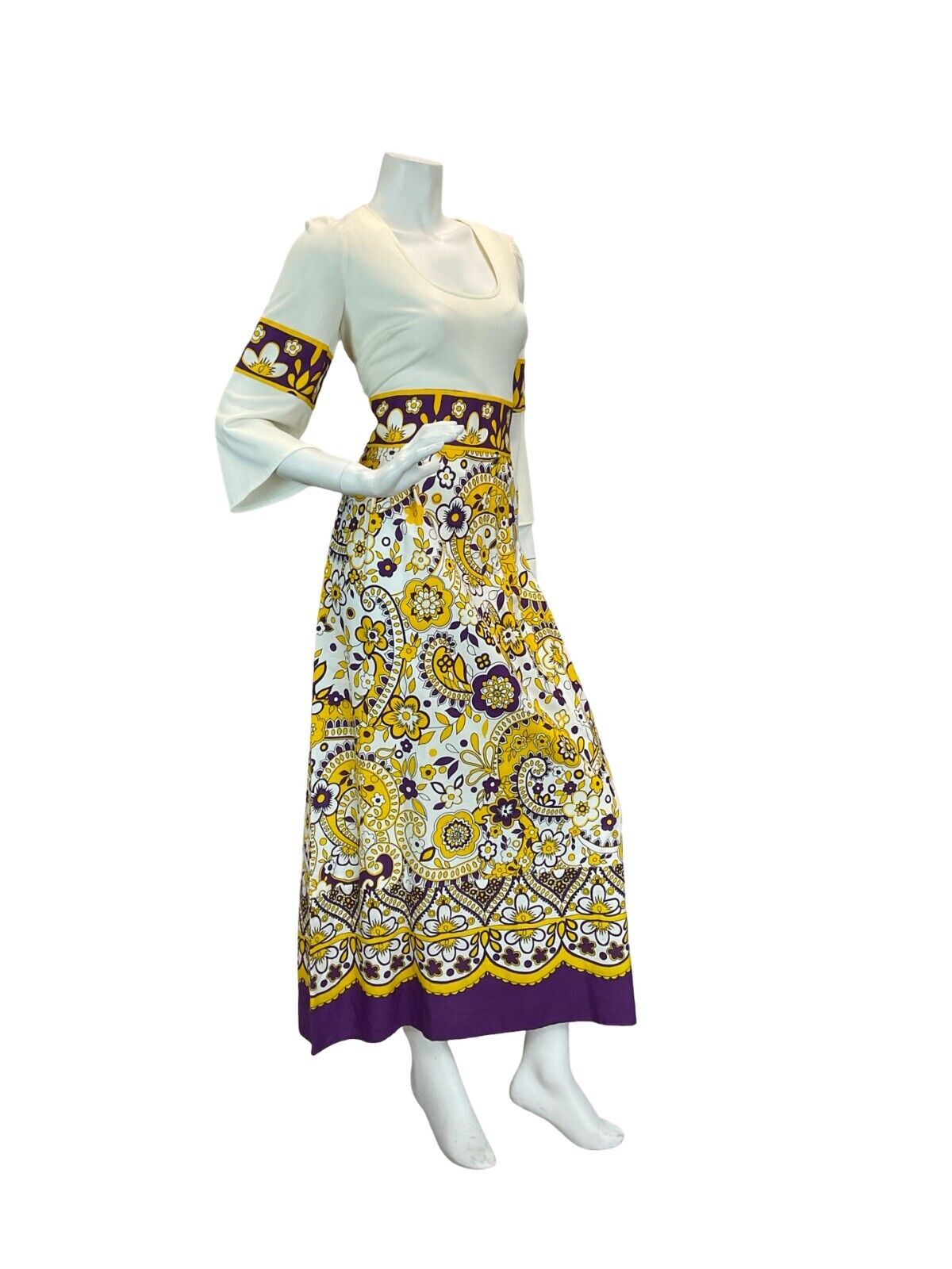 VTG 70S PURPLE YELLOW WHITE HIPPY FESTIVAL PAISLEY FLORAL MAXI DRESS 8 10